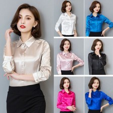 Femme Satin Soie Comme Effet Mouillé Haut Chemisier Femmes Col Manches Longues