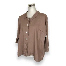 Match Point Size Small Brown Linen Oversized Shirt Blouse Top 3/4 Sleeve