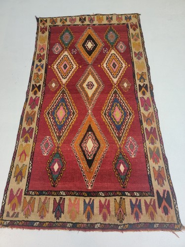 Antique Oriental Hand-Knotted Wool Area Rug Red/Beige 3'11" x 7'3"