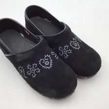 Womens 6, EU 36 Sanita Clogs Black Suede/White Embroidery Slip On Comfort Work