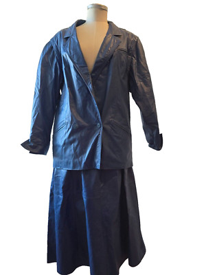 Seltener Vintage-Anzug Stadick- Leder, 80er Jahre: Rock und Jacke, Blau Gr. 38
