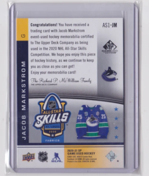 2020-21 UD SP GAME-USED ALL-STAR SKILLS FABIC JACOB MARKSTROM #AS1-JM CANUCKS - Image 2 of 2