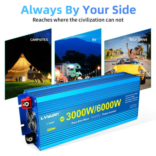 Pure Sine Wave Power Inverter 3000w 6000w 24v To 110v 120v Converter 2usb Car - Picture 7 of 12
