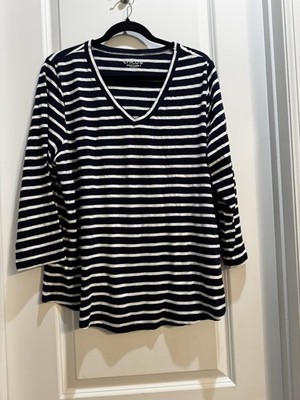 Chico s Navy Blue /white Stripes VNeck Tee Sz3(XL) 3/4 SleeveArmpit To Armpit20 