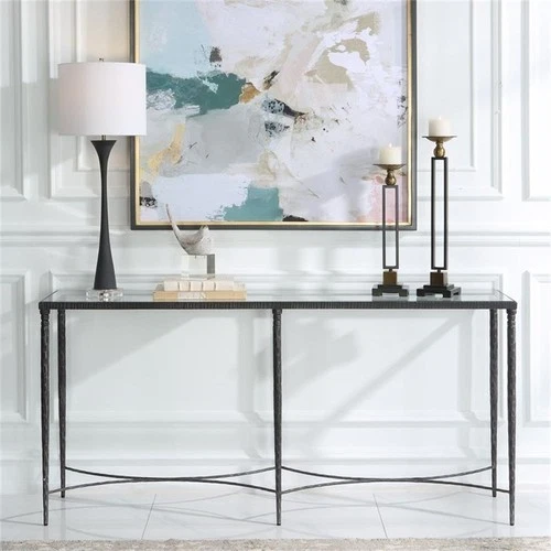 Uttermost Washington Tempered Glass and Metal Console Table in Black - Picture 2 of 5