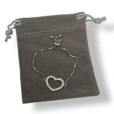    Girls Heart Silver Tone Adjustable Bracelet w/ Swarovski Crystals. Gift Pouch