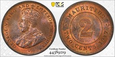 British Mauritius, 1917 George V Two Cents, 2 Cents. PCGS MS 63. Mintage 250,000