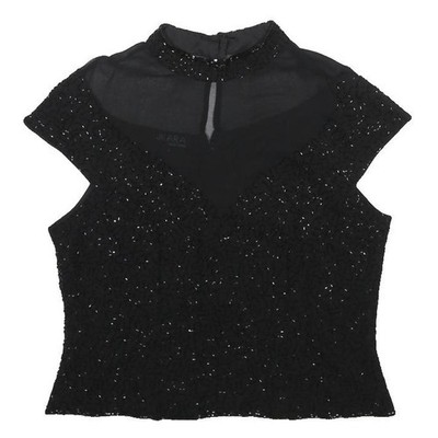 JKARA Damen Schwarzes Spitzen Mesh-Top Ärmellos Stehkragen Größe L Elegant Fit
