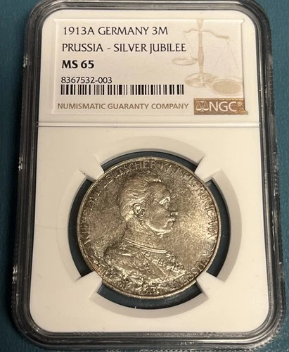 1913A Germany Silver 3 Mark Prussia-Silver Jubilee NGC MS 65- Nice Eye Appeal 