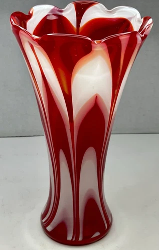 Vintage MCM Murano Style Art Glass Hand Blown Vase 10” Red White CandyCane Swirl