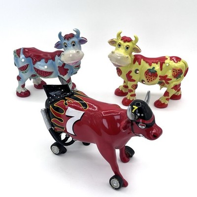Lot (3) Vintage Cow Parade Nascow Car & Resin Figures Strawberry