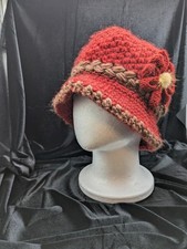 Rust Handmade Knit Cloche Hat With Flower Gatsby Style 26.1.18-1
