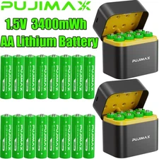 16PCS PUJIMAX 1.5V 3400mWh AA Rechargeable Lithium Battery with Fast Charger Box