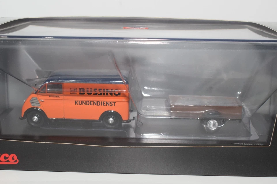 B95 1:43 SCHUCO 45 023 8900 SET INTERRUTTORE RAPIDO DKW CON RIMORCHIO BUSING MIB - Immagine 2 di 4