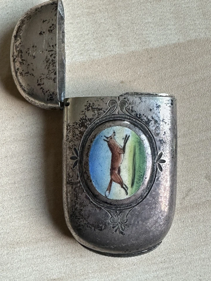 Antiguo estuche Vesta de plata maciza con esmalte de zorro pintado a mano • Sello • Raro Foto 4 de 4