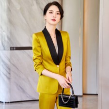 Womens Satin One Button Slim Suit Jacket Blazer Pants 2pcs Sets Ladies Formal OL
