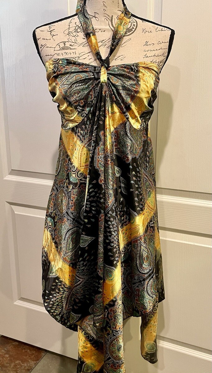 black and gold paisley dress Womens Boho Style Silky Scarf Maxi Halter Neck Tie Sz M appliques wedding dresses