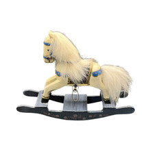 Rocking Horse Folk Art Carved Wood Hand Painted Off White Real Fur Mane  Tail