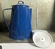 8 Cup 7 1/2" Unused Blue Speckled Enamelware Camping Percolator Coffee Pot V Sty