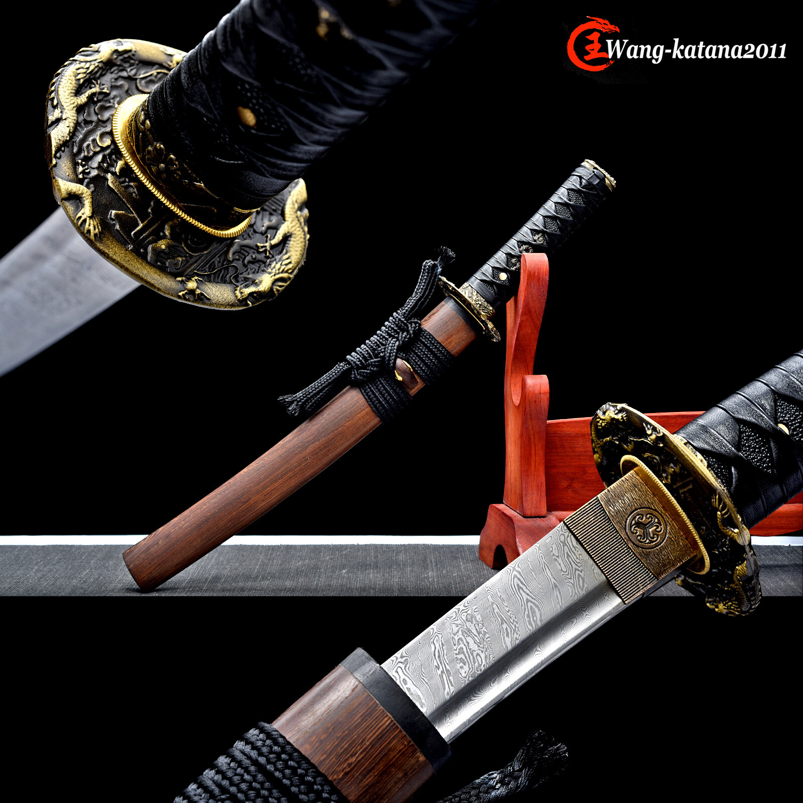 Tanto Damascus Folded Steel Mini Katana Rosewood Japanese Samurai Short Sword