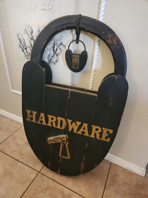 RARE Pottery Barn Hardware Lock & Key wood planked Wall art sign