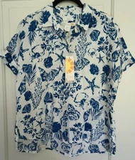 C & C California 100% Linen Top Blue And White Tropical NWT Size Small