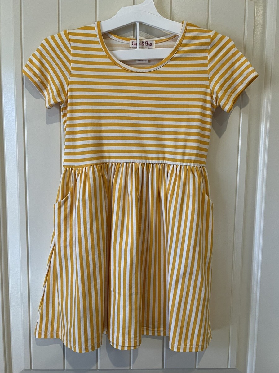 Emma & Elsa Girls Yellow White Striped Stretch Casual Pocket Dress Size 6X  EUC