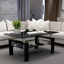 Black Glass Side Coffee Rectangular Table Modern W/ Shelf Living Room Furniture