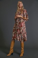 New Anthropologie Leandra Pleated Midi Dress Brown Floral Sz Small