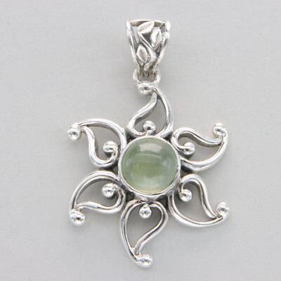925 Sterling Silver Green Prehnite Sun Star Flower Floral Pendant - Pendantif