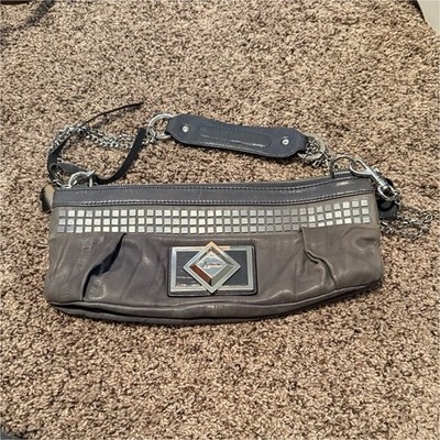 Marciano Gray Studded Shoulder Bag with Logo Plaque, Zip Closure, Shoulder Strap