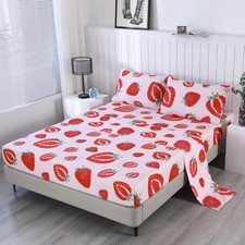 4PCS Pink Strawberry Sheets Twin, Microfiber Strawberry Twin Sheets Set Kids
