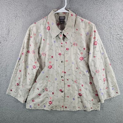Sigrid Olsen Womens Silk Floral Embroidered Button Down Shirt Sage Green Sz L