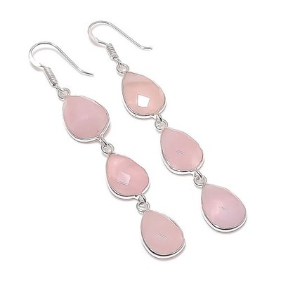 Natural  Pink Rose Quartz Gemstone 925 Sterling Silver Jewelry Earring Size 3''