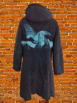Damen Kenzo Jeans Schwarz Lammfellimitat Kapuze Lang Mantel Blau Adler Gr. 40 UK 12