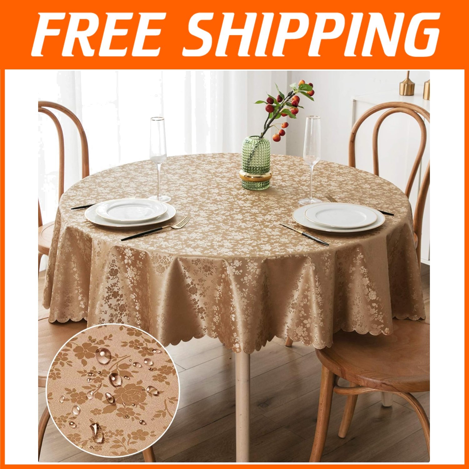 Waterproof Vinyl Table Cover, Brown, 70" Round