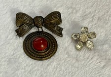 Lot of 2 Vintage Costume Brooches Rhinestone Flower  Victorian Style Bow