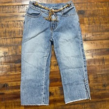 Vintage Jordache Kids Blue Denim Capri Jeans Y2K Beaded Waist Raw Hem Size 7