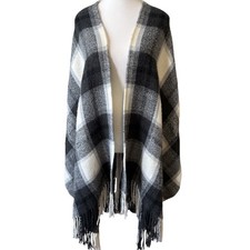 Soft Surroundings Plaid Fringe Poncho Wrap One Size Black White Gray Check Cape
