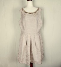 Tahari Pearl Beaded Neck Texture Fit Flare Dress Size 16 Champagne Lined Pockets