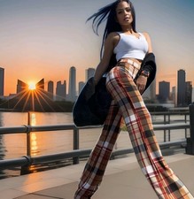 High Waist Plaid Pants 70's Inspired Flares Dense Flowing Fabric