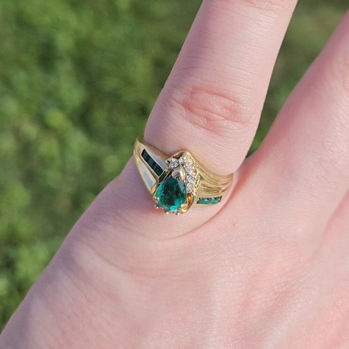 10K Yellow Gold Diamond Lab Created Emerald Bypass Cocktail Ring Size 5.5 - Picture 4 of 18