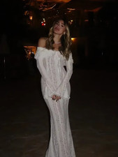 Elegant Lace Evening Dress With Long, Off-The-Shoulder Sleeves.