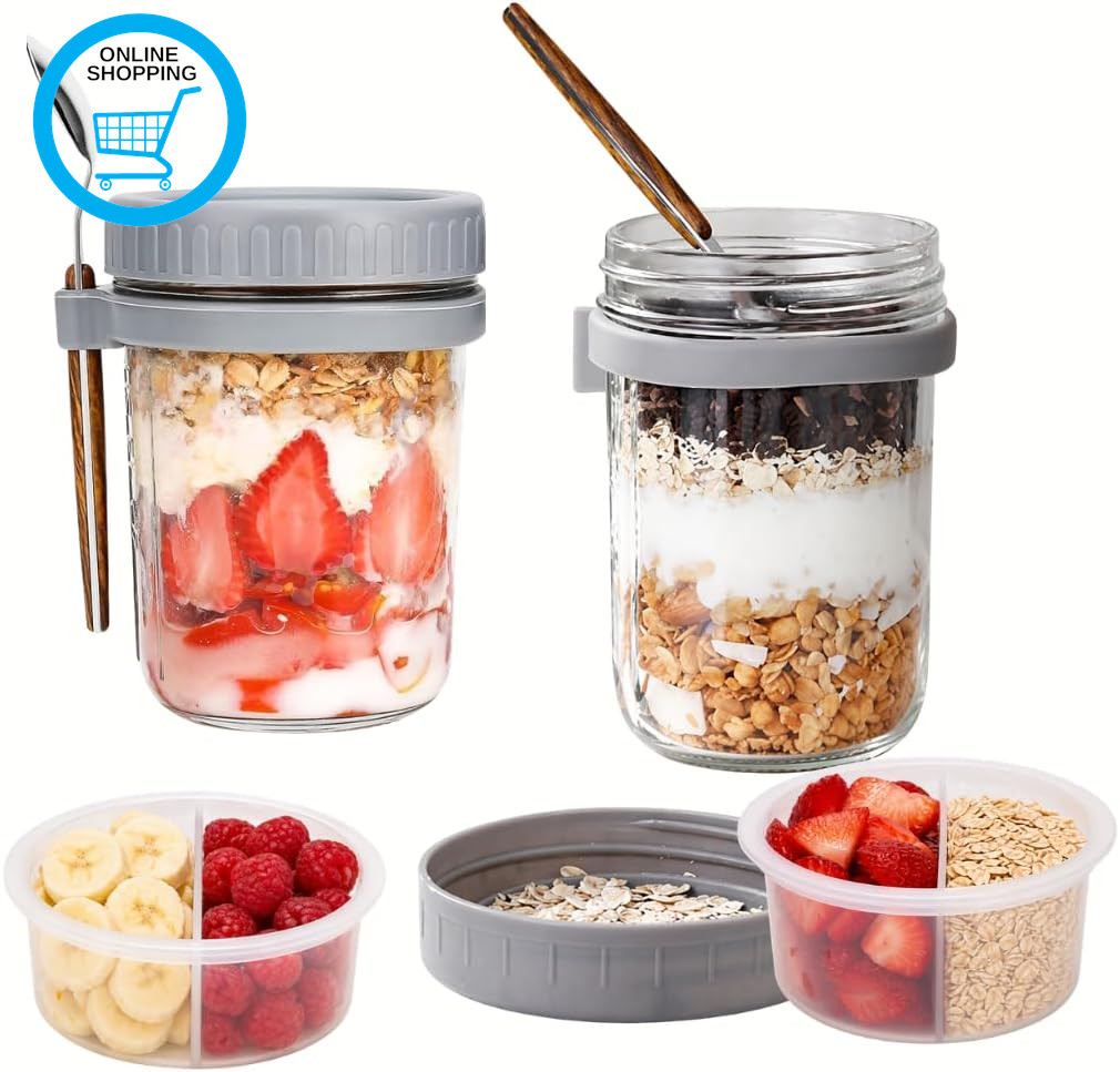 Overnight Oats Jar Breakfast Pots (12Oz) – Glass Mason Jars with Lid & Spoon for