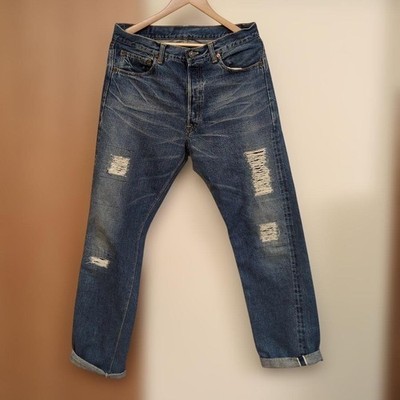 WAREHOUSE Vintage Denim Jeans L Blau Distressed Repair 2nd Hand Style