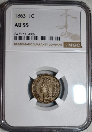 NGC AU-55 1863 Indian Head Cent, Richly Hued & Razor-Sharp.
