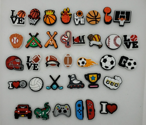 Lot Of 35 Croc Shoe Rubber Charm Pins Sports, Basketball, Football, Baseball NEW