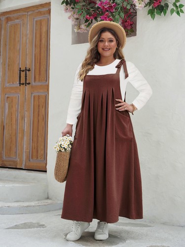 Womens Overalls Pleated Dress Summer Strappy Pocket Baggy Maxi Dresses Plus Size - Picture 20 of 28