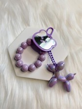 Purple Puppy Dog keychain Purse Bag charm key fob Beaded chain strap Mirror Bear