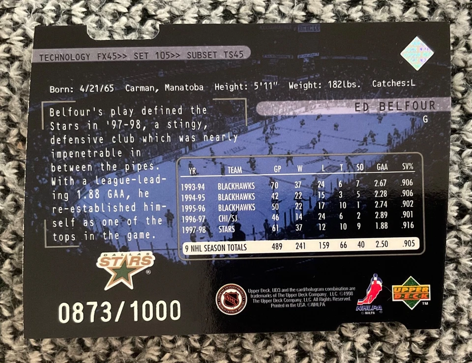 1998-99 ED BELFOUR UPPER DECK UD3 DIE CUT THREE STAR SPOTLIGHT #105 STARS #/1000 - Image 2 of 2